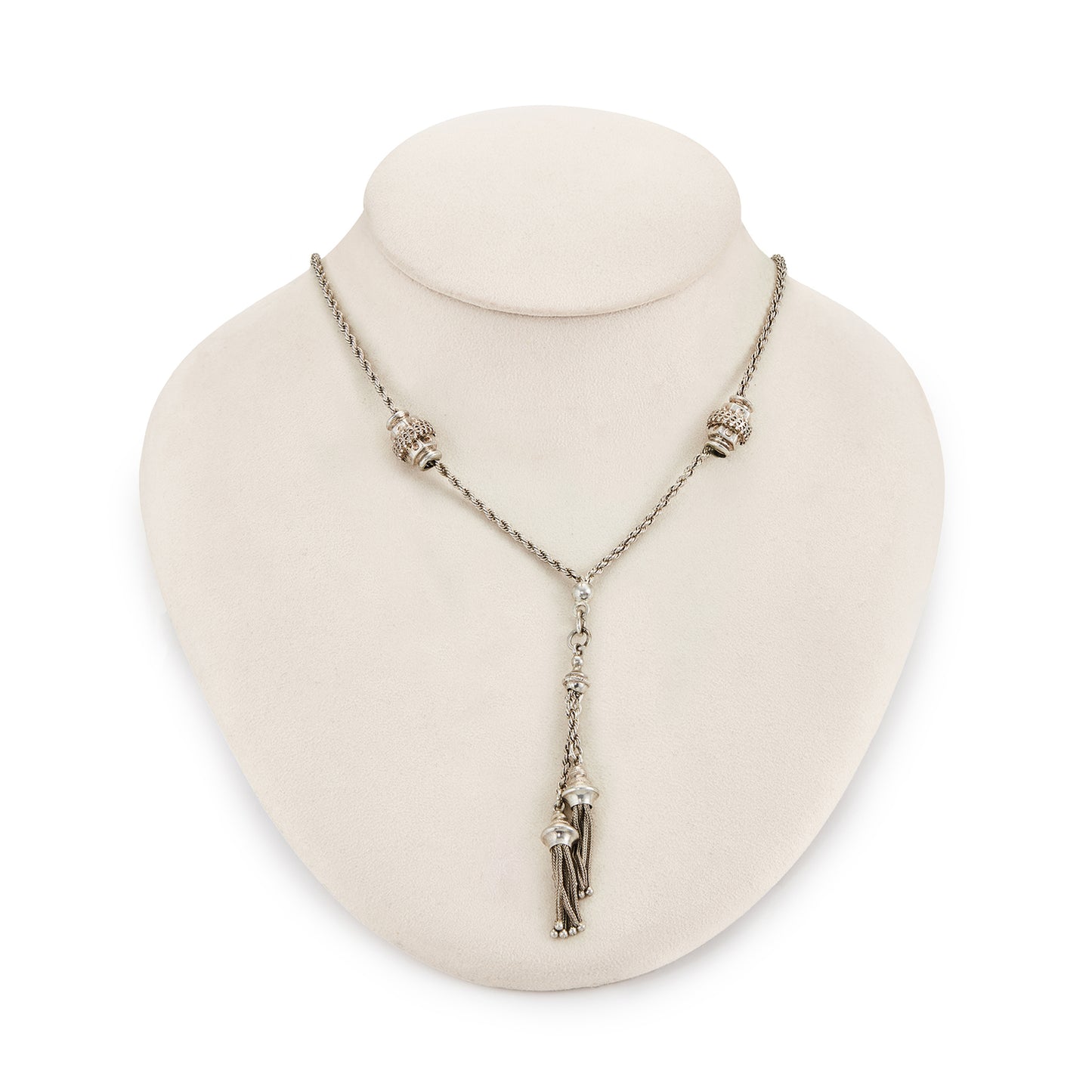Sought after silver Victorian albertina with two ornate sliders and two dangling tassels in the centre. Clasp has been replaced.