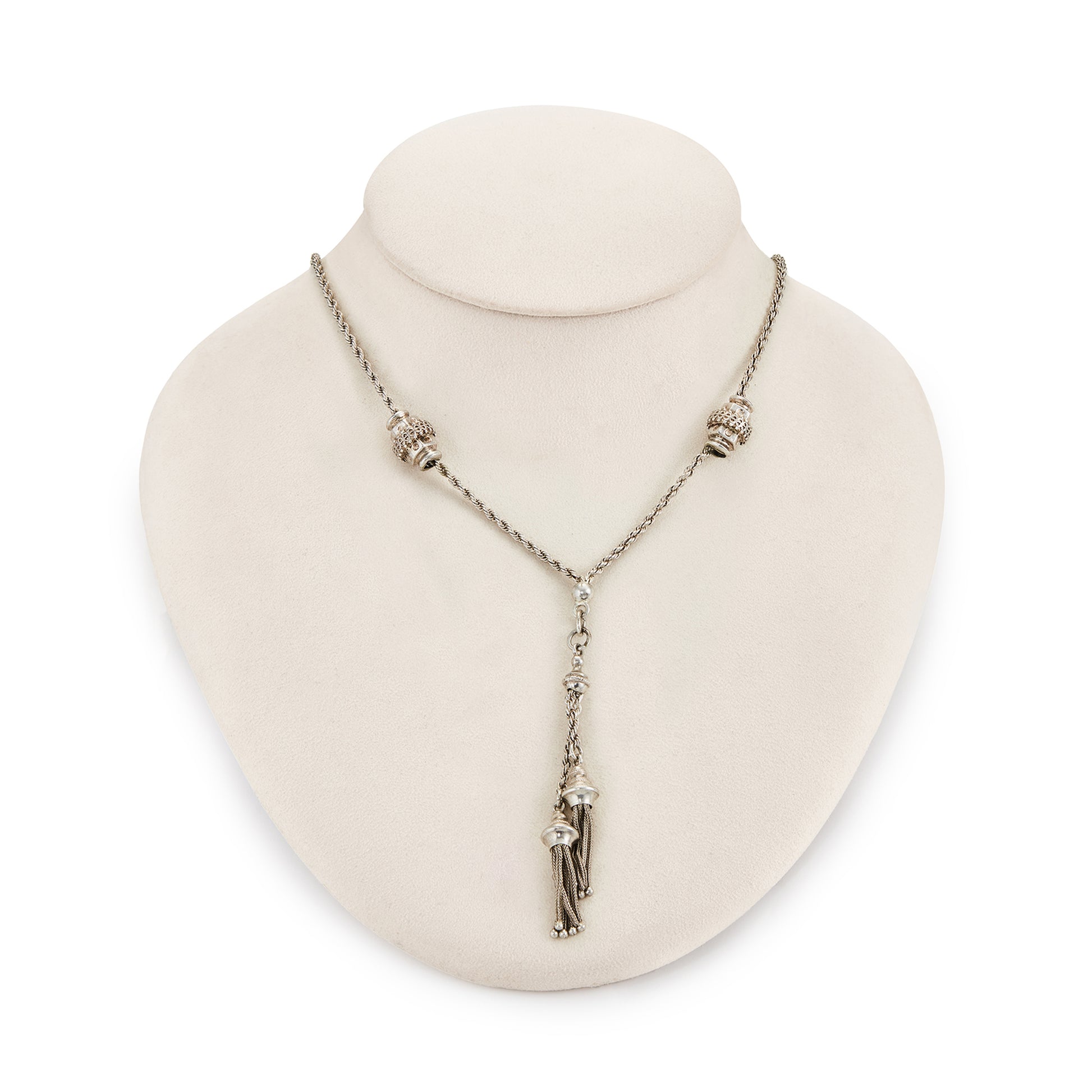 Sought after silver Victorian albertina with two ornate sliders and two dangling tassels in the centre. Clasp has been replaced.