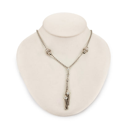 Sought after silver Victorian albertina with two ornate sliders and two dangling tassels in the centre. Clasp has been replaced.