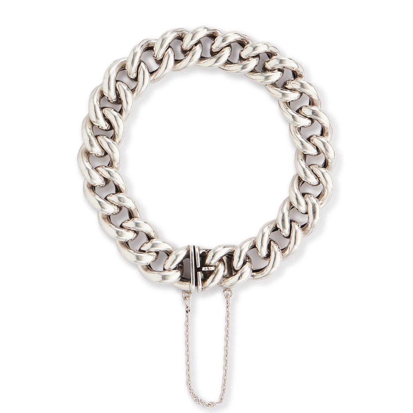 Chunky silver Victorian curb link bracelet. Safety chain attached.
