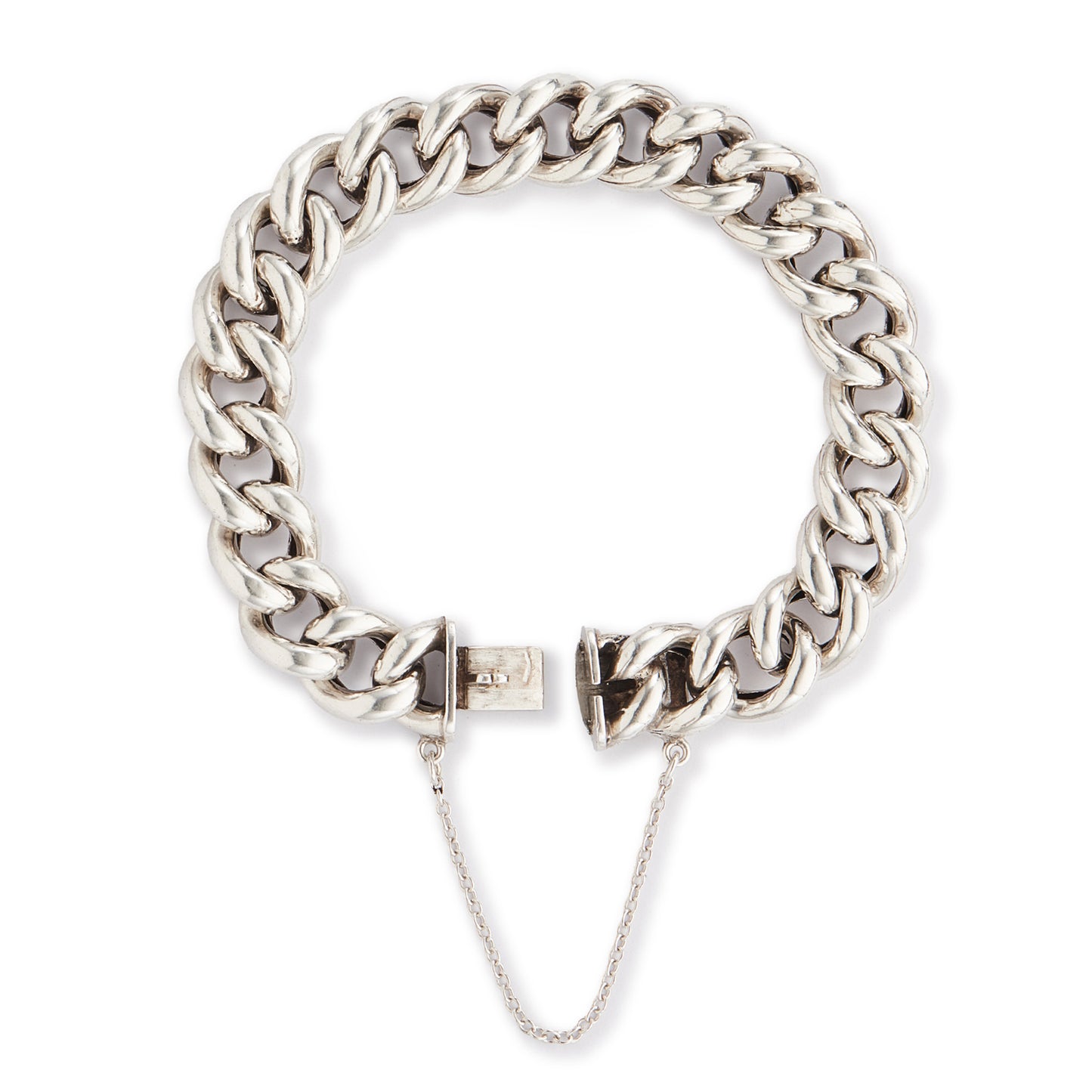 Chunky silver Victorian curb link bracelet. Safety chain attached.