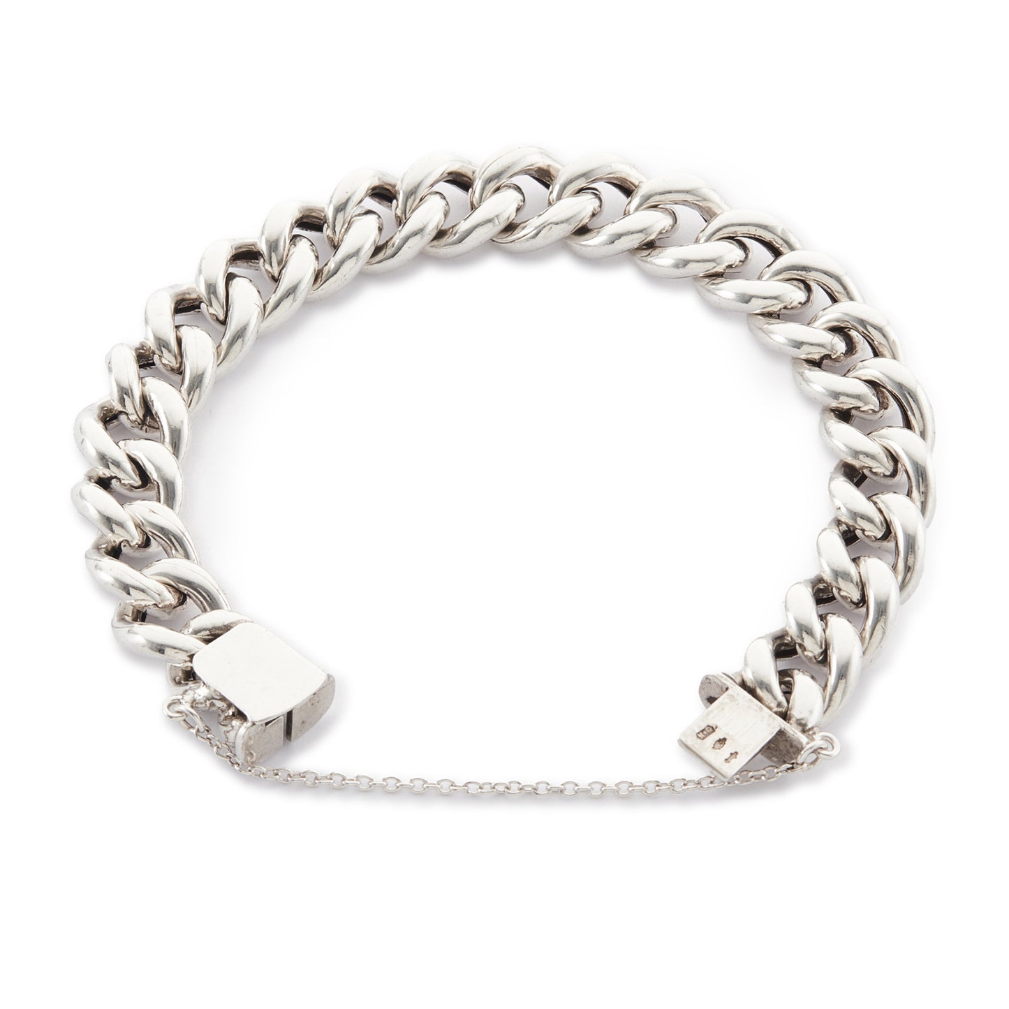 Chunky silver Victorian curb link bracelet. Safety chain attached.