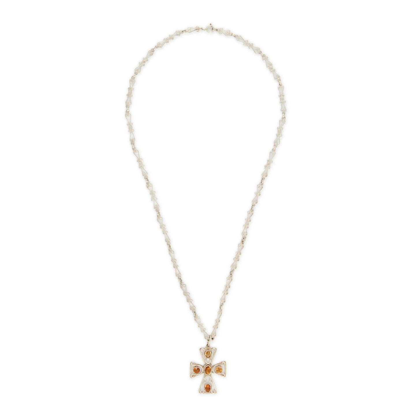 Lovely cross pendant set with five faceted citrines on an intricate fancy link silver chain. Circa: 1930’s