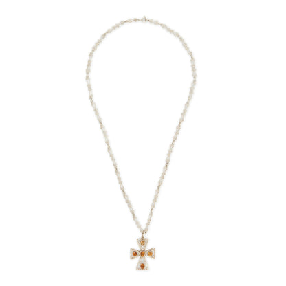 Lovely cross pendant set with five faceted citrines on an intricate fancy link silver chain. Circa: 1930’s
