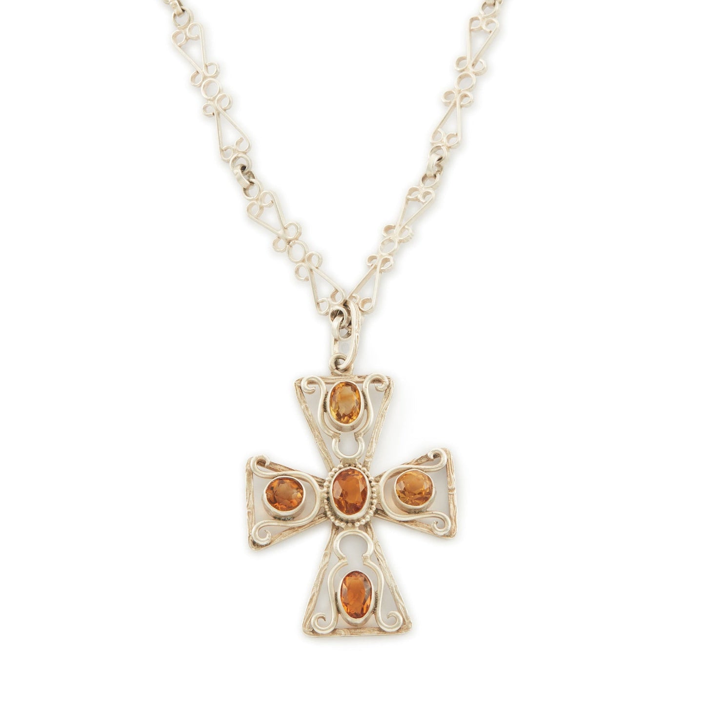 Lovely cross pendant set with five faceted citrines on an intricate fancy link silver chain. Circa: 1930’s