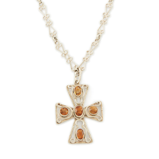 Lovely cross pendant set with five faceted citrines on an intricate fancy link silver chain. Circa: 1930’s