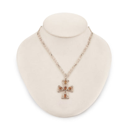 Lovely cross pendant set with five faceted citrines on an intricate fancy link  silver chain. Circa: 1930’s
