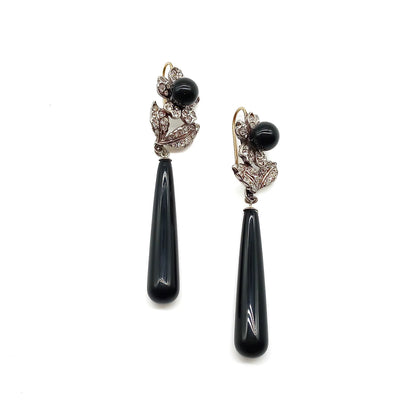 Gorgeous vintage-style sterling silver cabochon onyx drop earrings set with paste in a floral design. 9ct Gold shepherd hooks. London