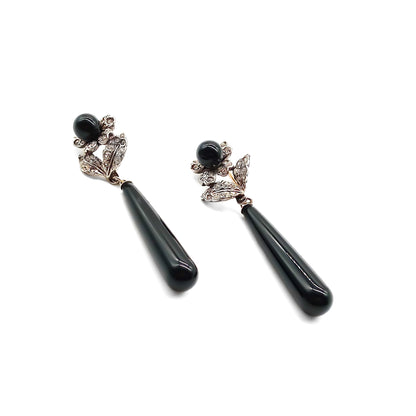 Gorgeous vintage-style sterling silver cabochon onyx drop earrings set with paste in a floral design. 9ct Gold shepherd hooks. London