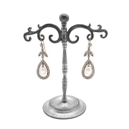 Glamorous vintage sterling silver chandelier paste earrings with dangling pearl drops.