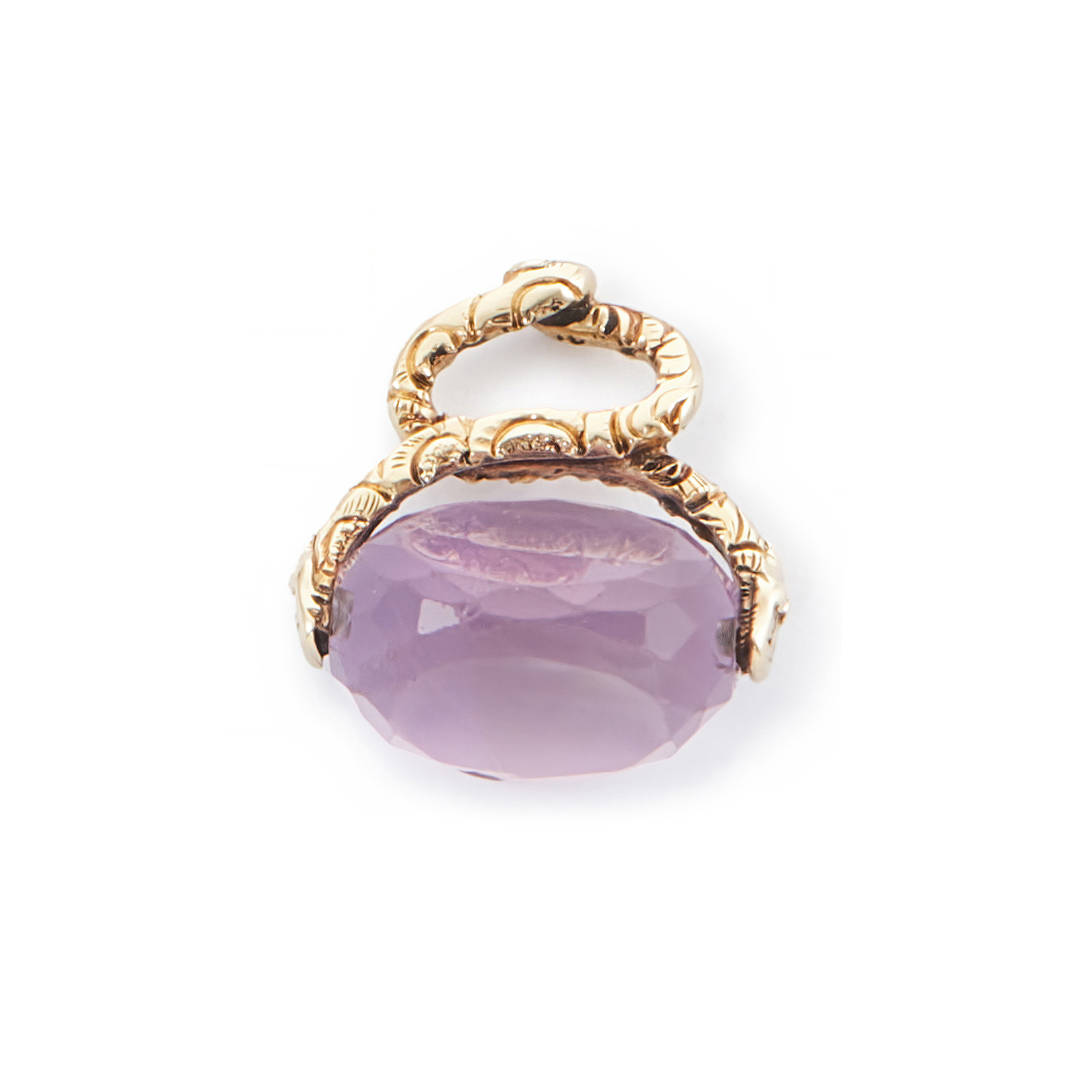 Lovely small 9ct yellow gold vintage swivel fob consisting of a beautifully faceted amethyst stone suspended from intertwined snakes.