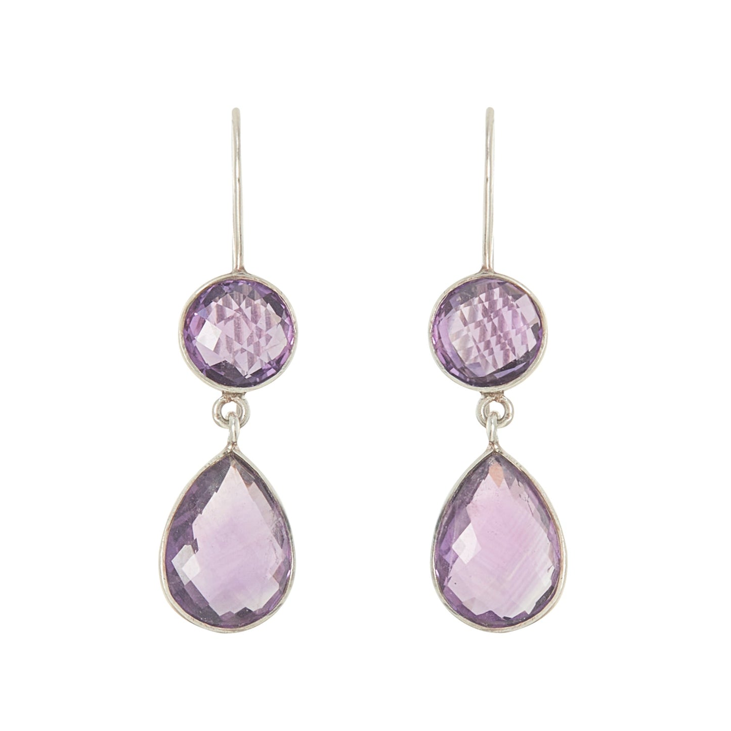 Lovely sterling silver pendant earrings, each set with a beautifully faceted round and teardrop amethyst.
