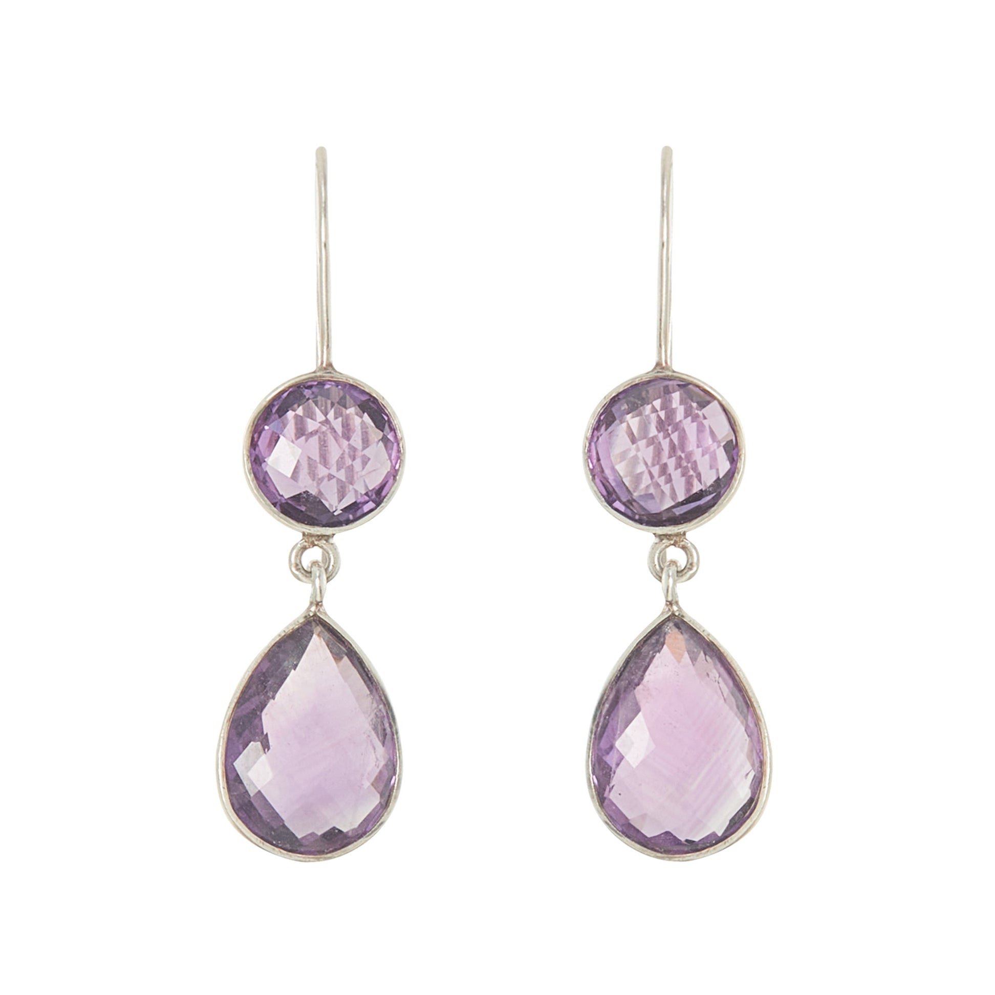 Lovely sterling silver pendant earrings, each set with a beautifully faceted round and teardrop amethyst.