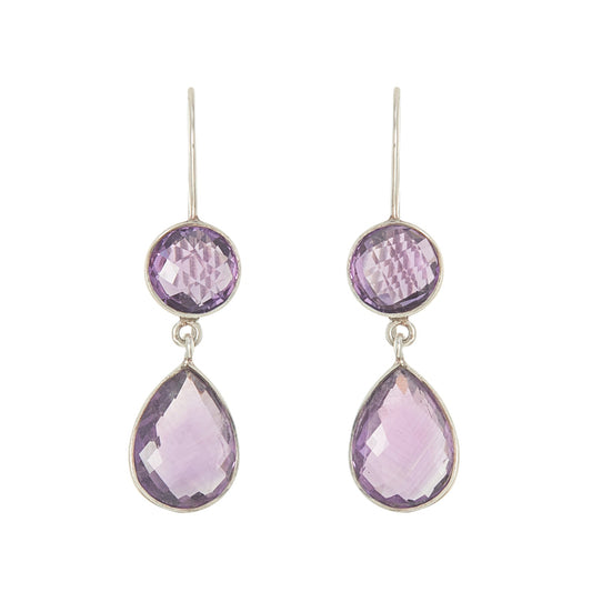 Lovely sterling silver pendant earrings, each set with a beautifully faceted round and teardrop amethyst.