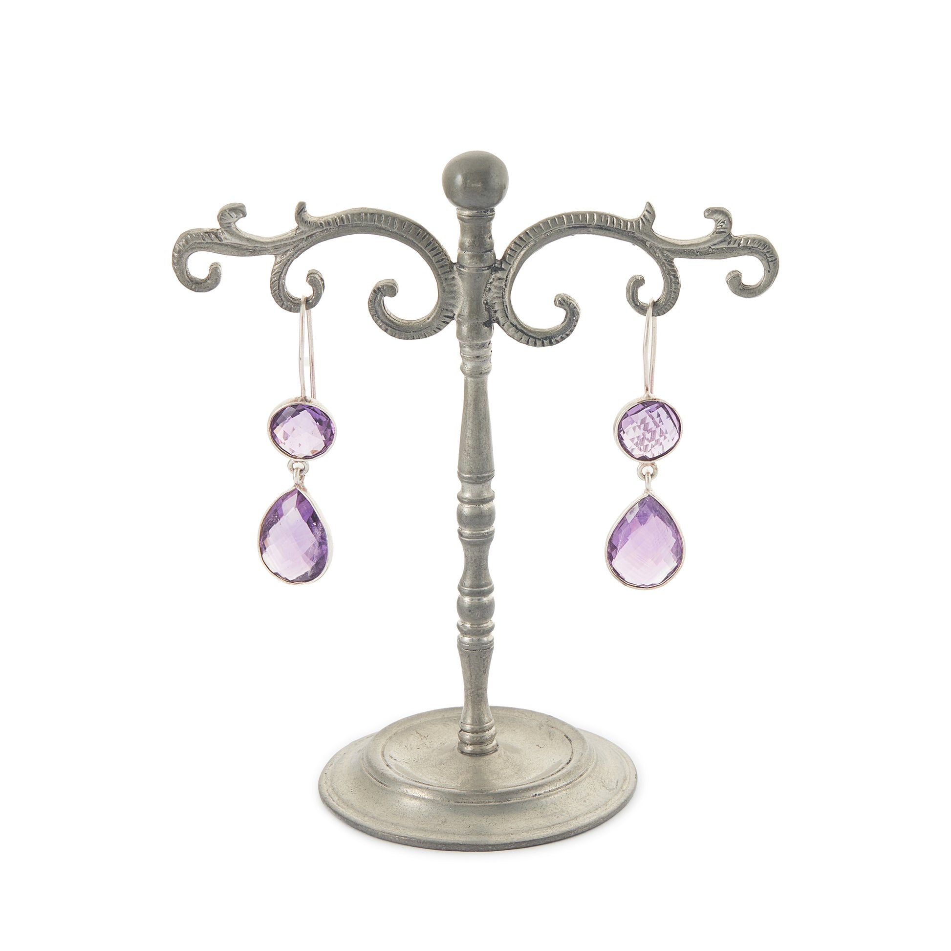 Lovely sterling silver pendant earrings, each set with a beautifully faceted round and teardrop amethyst.