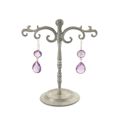 Lovely sterling silver pendant earrings, each set with a beautifully faceted round and teardrop amethyst.