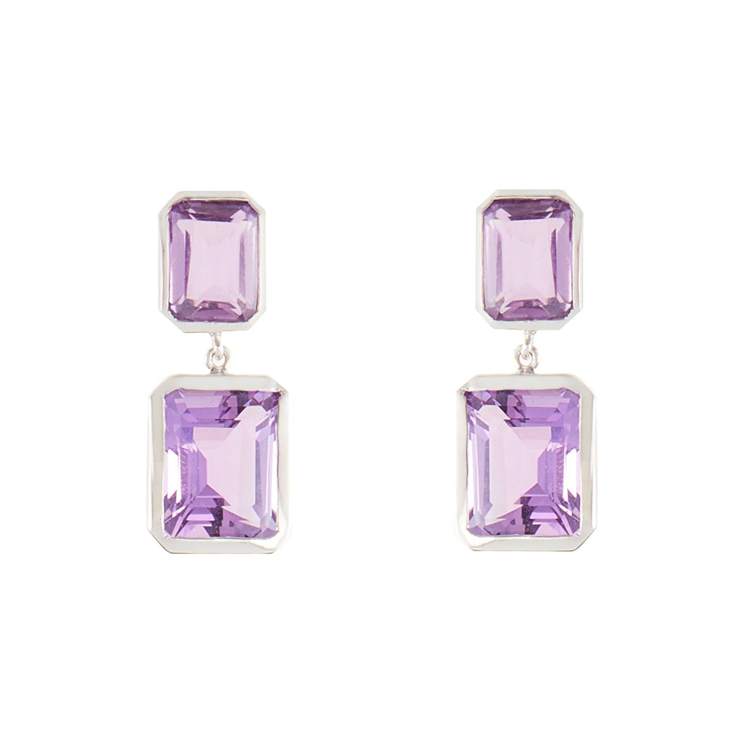 Stylish sterling silver drop earrings set with beautifully faceted amethysts.