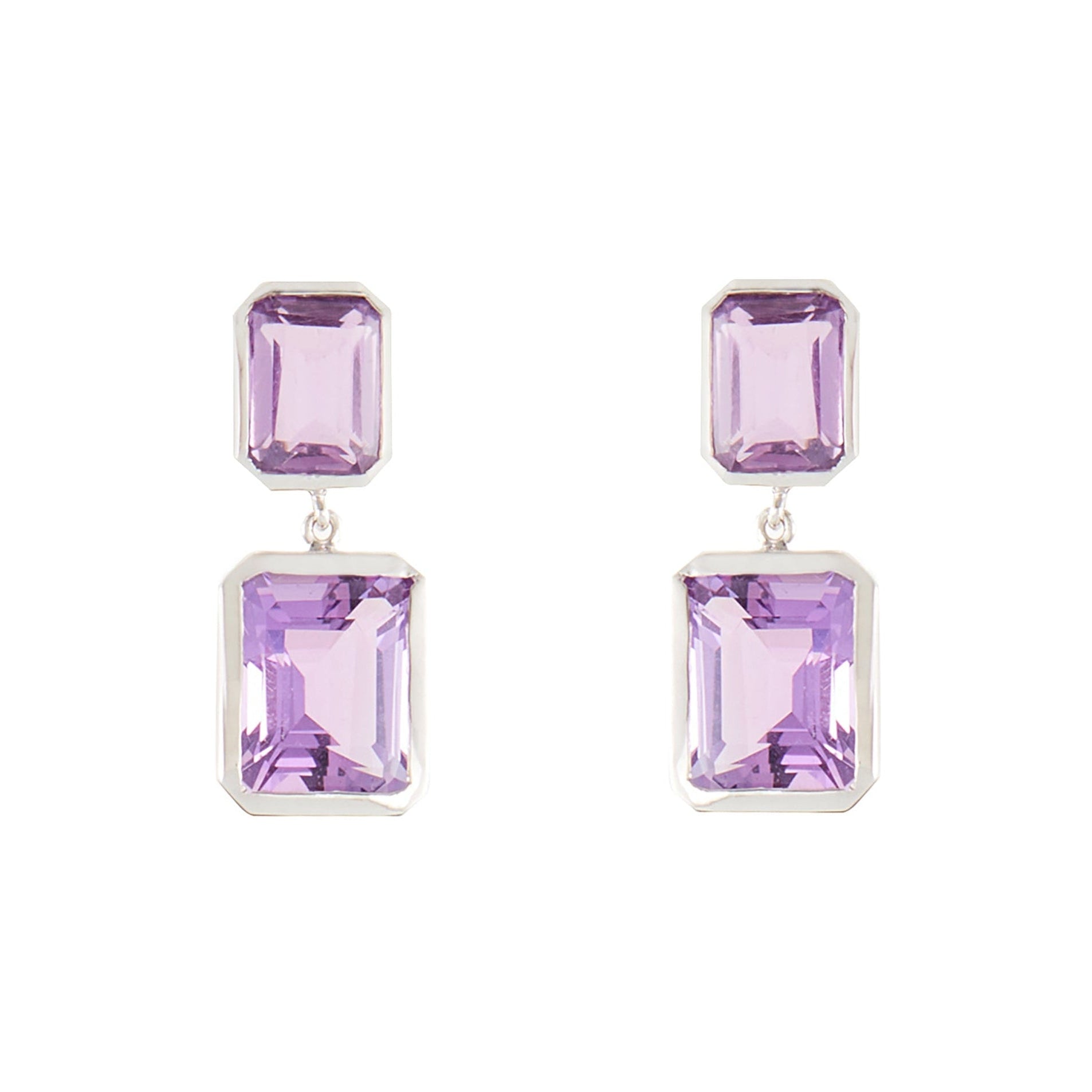 Stylish sterling silver drop earrings set with beautifully faceted amethysts.