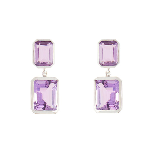 Stylish sterling silver drop earrings set with beautifully faceted amethysts.