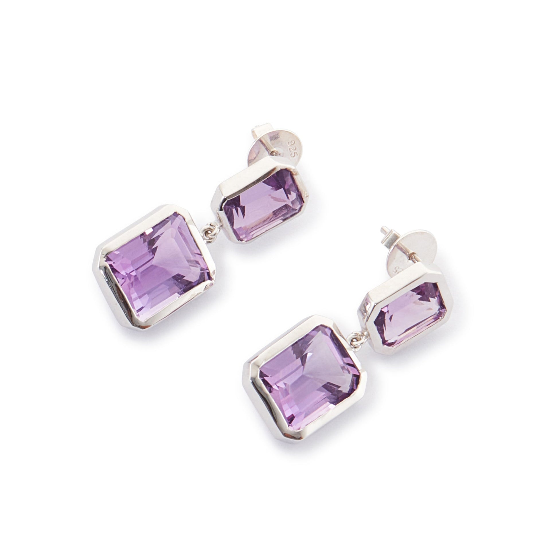 Stylish sterling silver drop earrings set with beautifully faceted amethysts.
