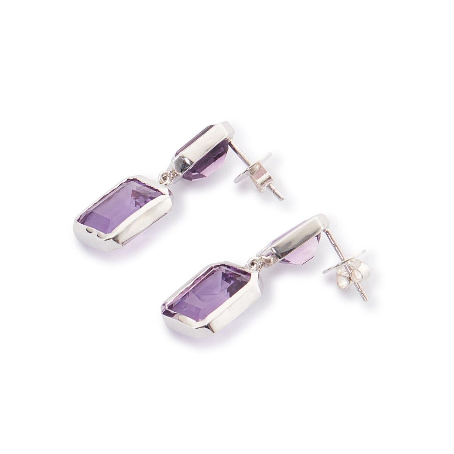 Stylish sterling silver drop earrings set with beautifully faceted amethysts.