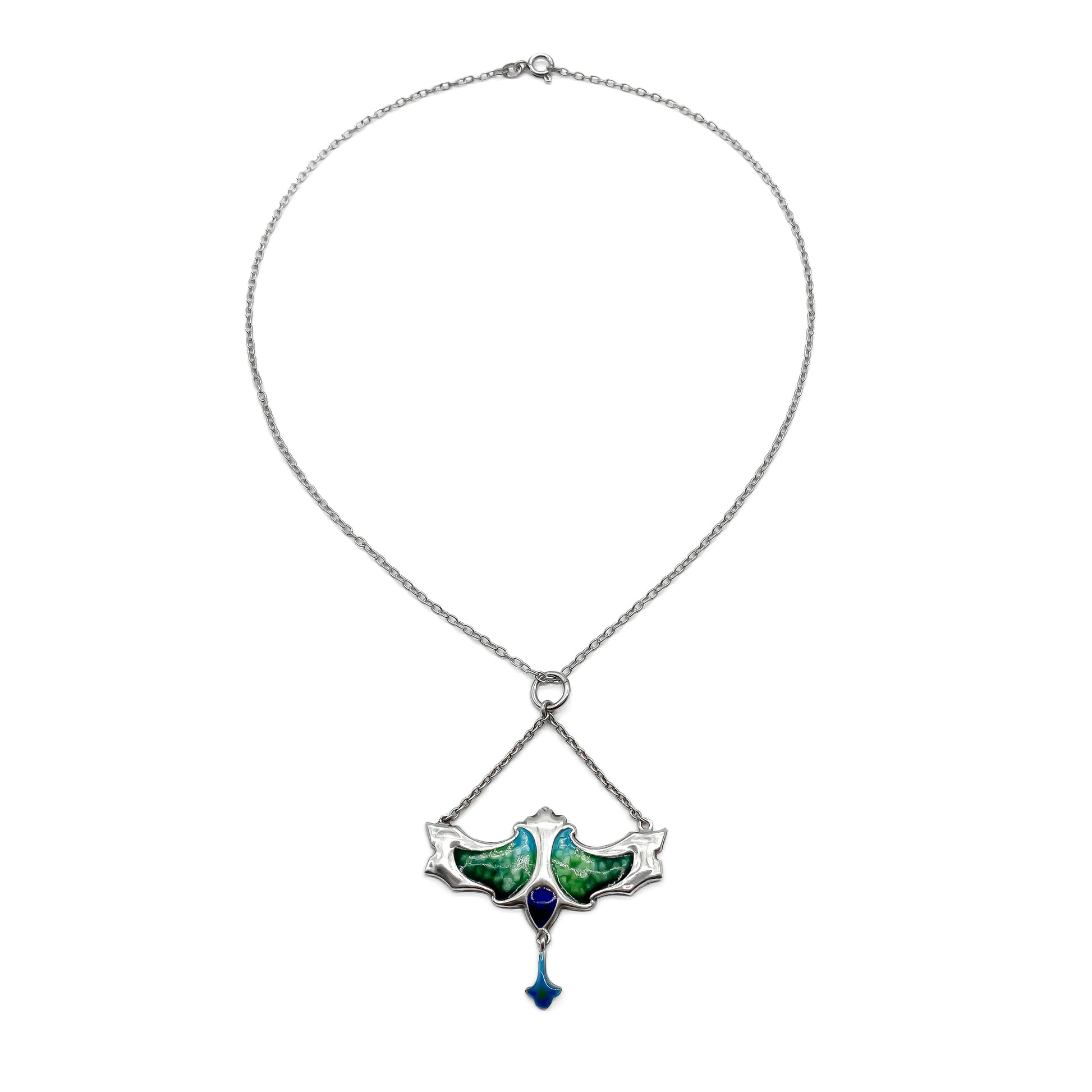 Stunning sterling silver Art Nouveau pendant with beautiful enamelling in shades of blue and green, on a sterling silver chain. Birmingham 1909