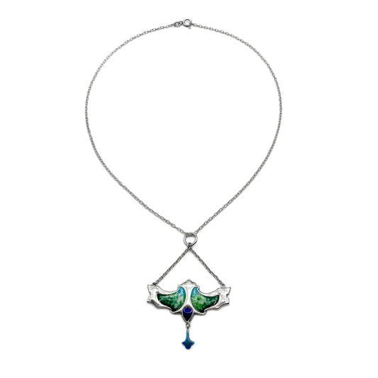 Stunning sterling silver Art Nouveau pendant with beautiful enamelling in shades of blue and green, on a sterling silver chain. Birmingham 1909