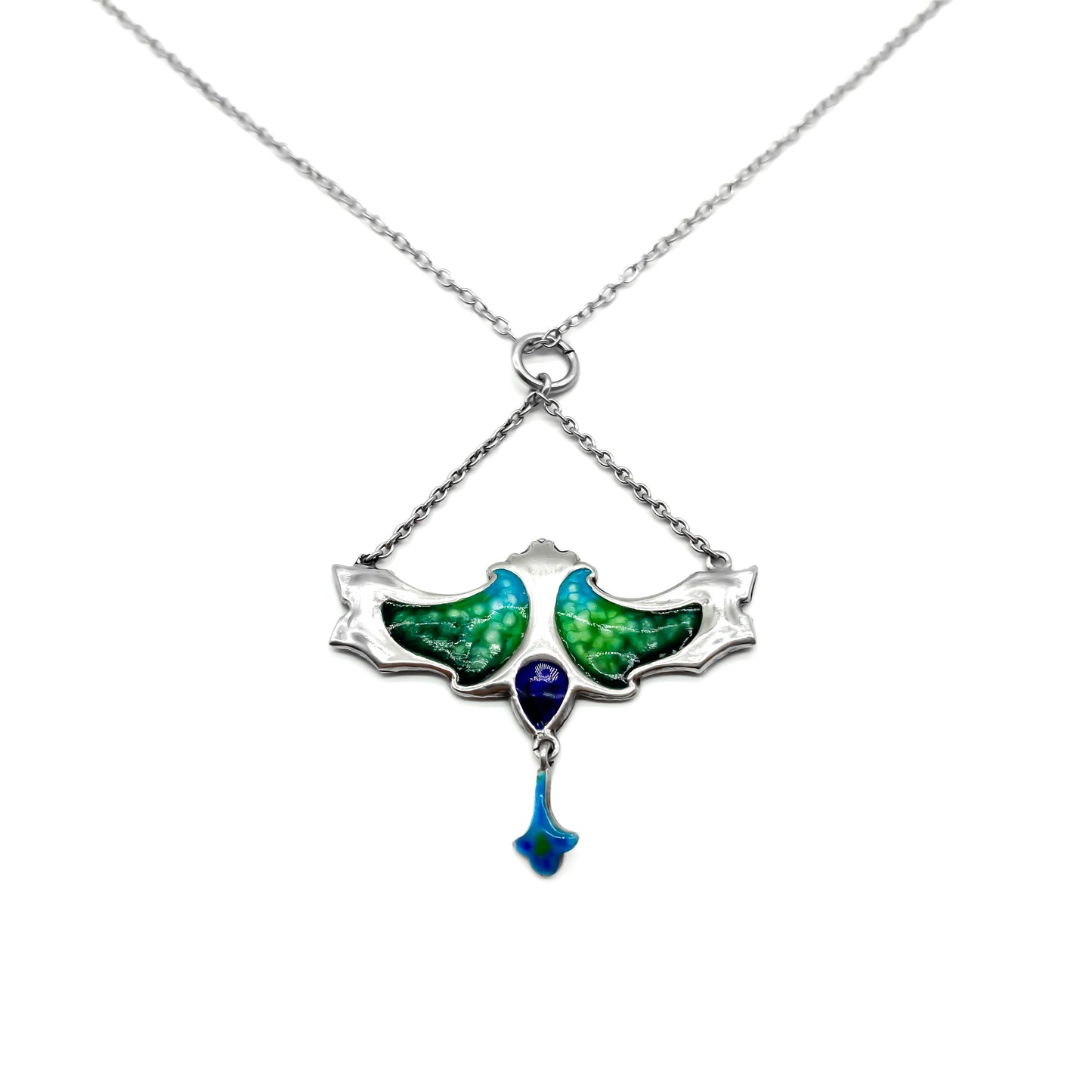 Stunning sterling silver Art Nouveau pendant with beautiful enamelling in shades of blue and green, on a sterling silver chain. Birmingham 1909