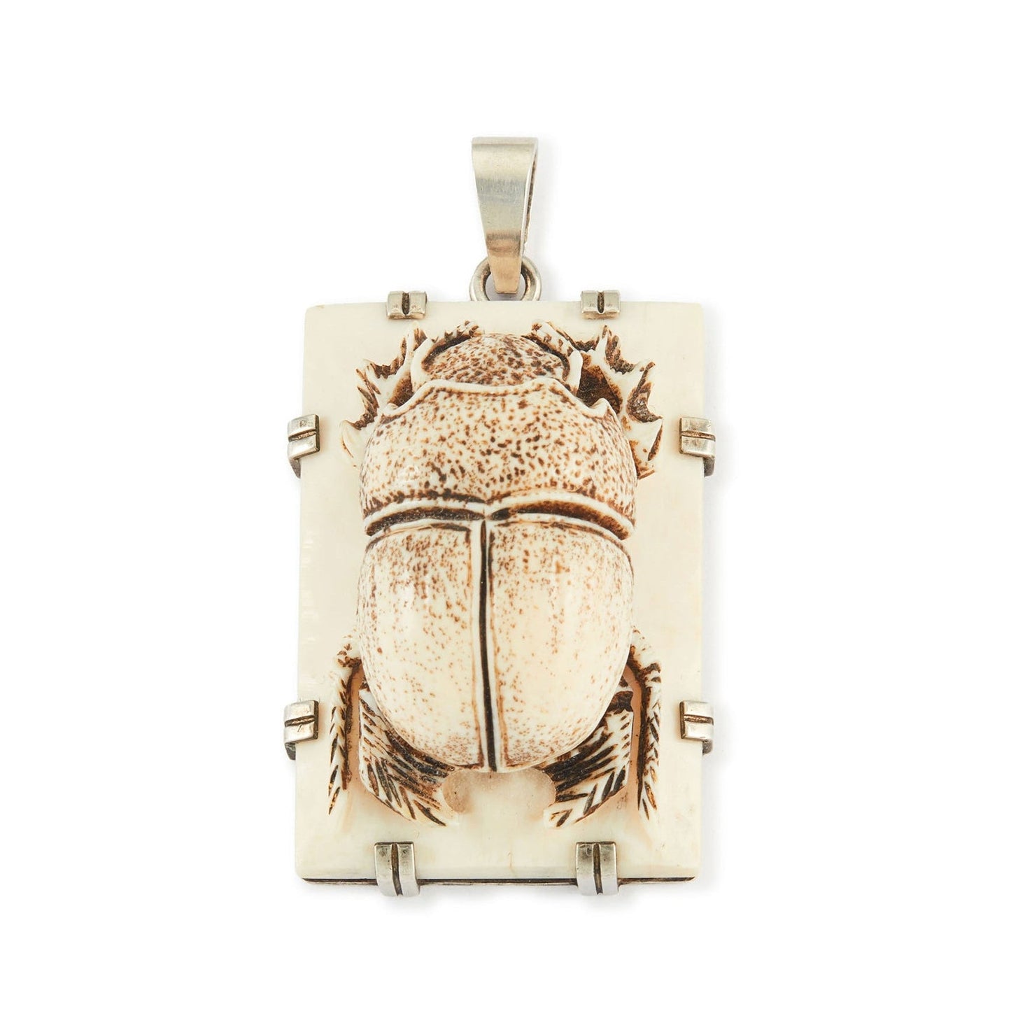 Unique, large bone pendant with a resin scarab beetle, in a sterling silver setting.