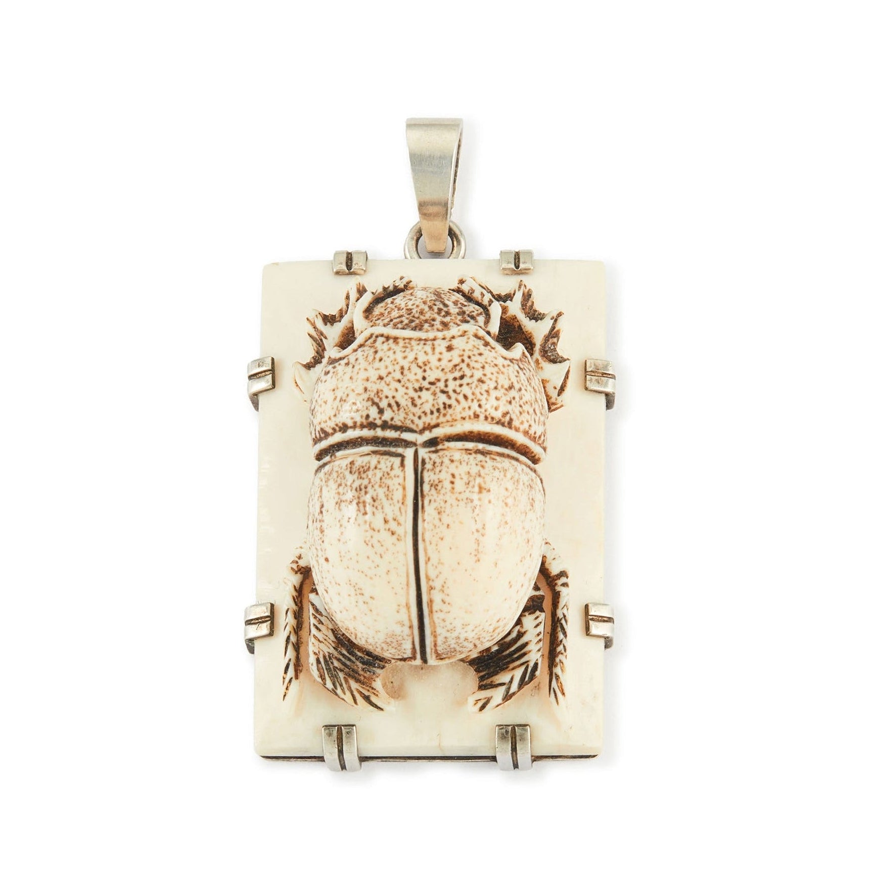 Unique, large bone pendant with a resin scarab beetle, in a sterling silver setting.