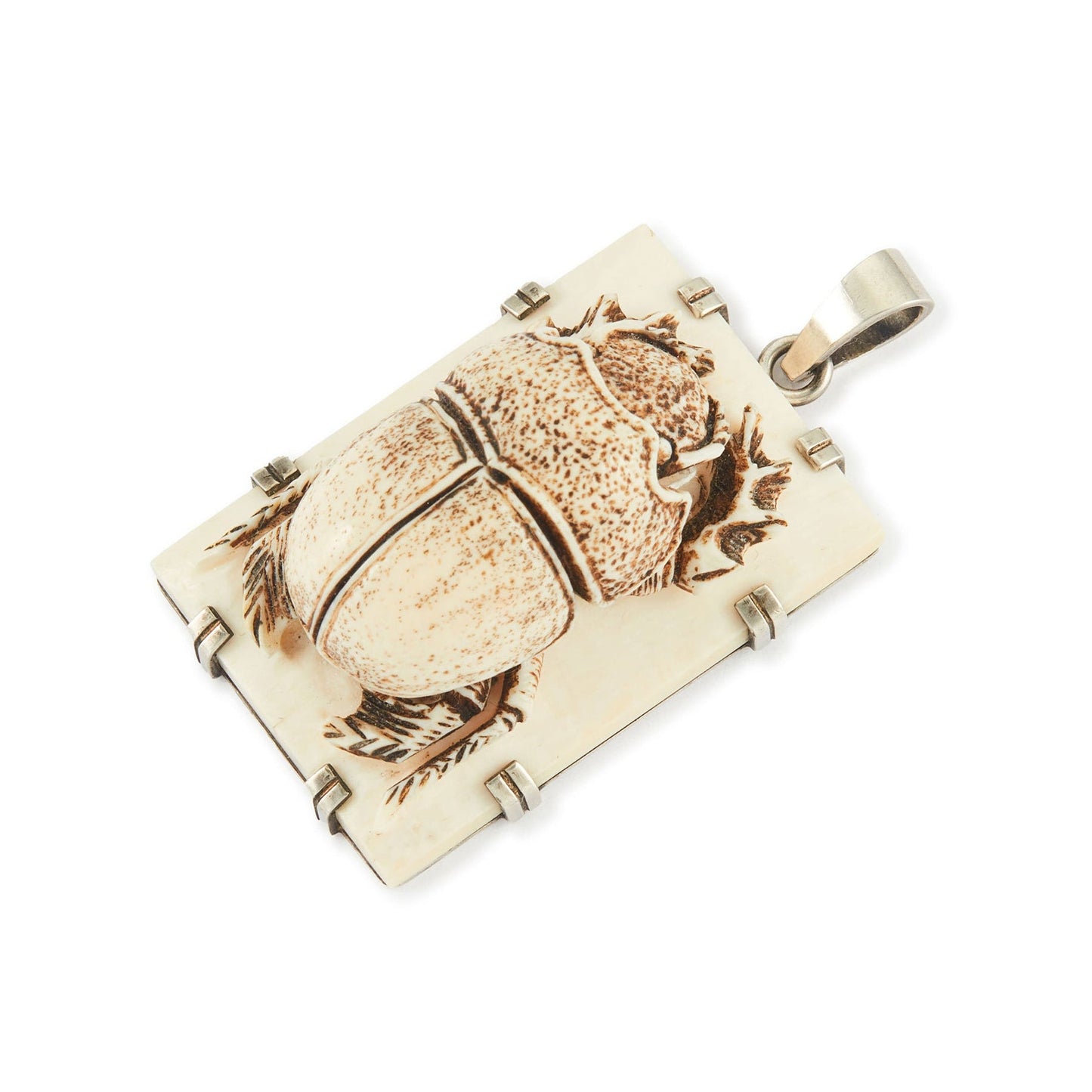 Unique, large bone pendant with a resin scarab beetle, in a sterling silver setting.