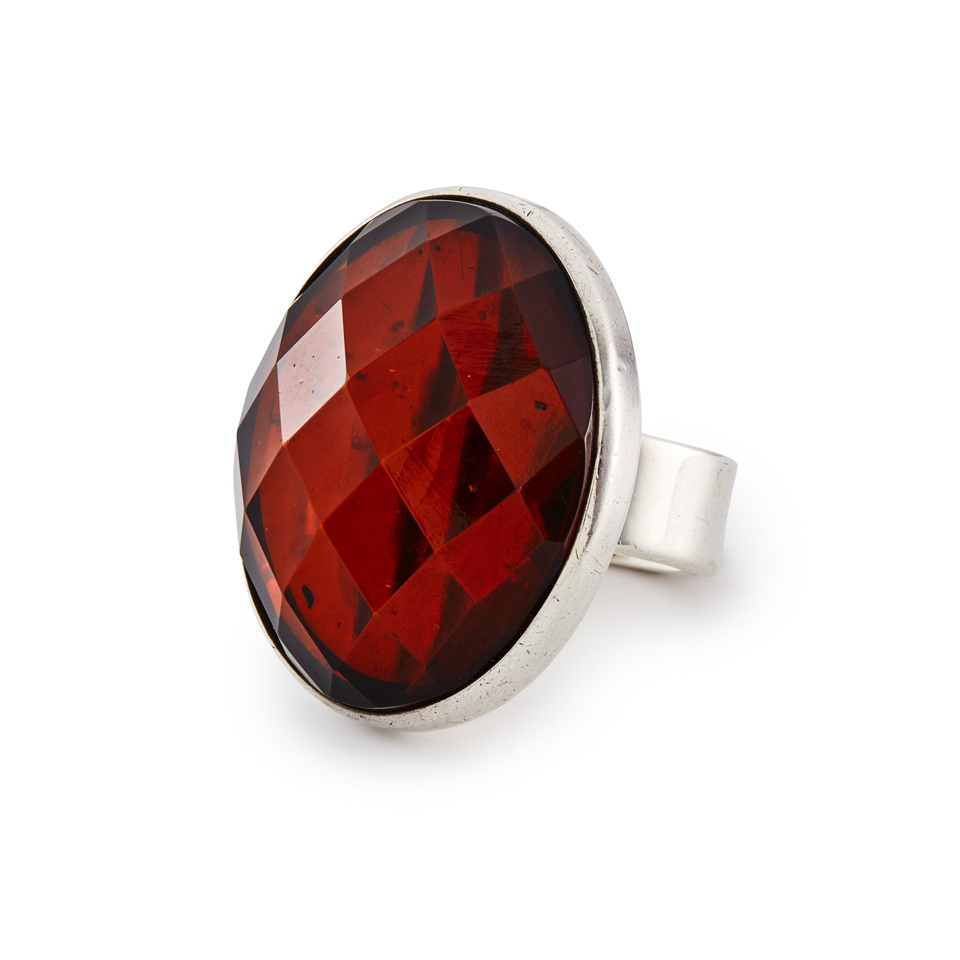 Chunky sterling silver beautifully faceted cherry bakelite ring. Poland