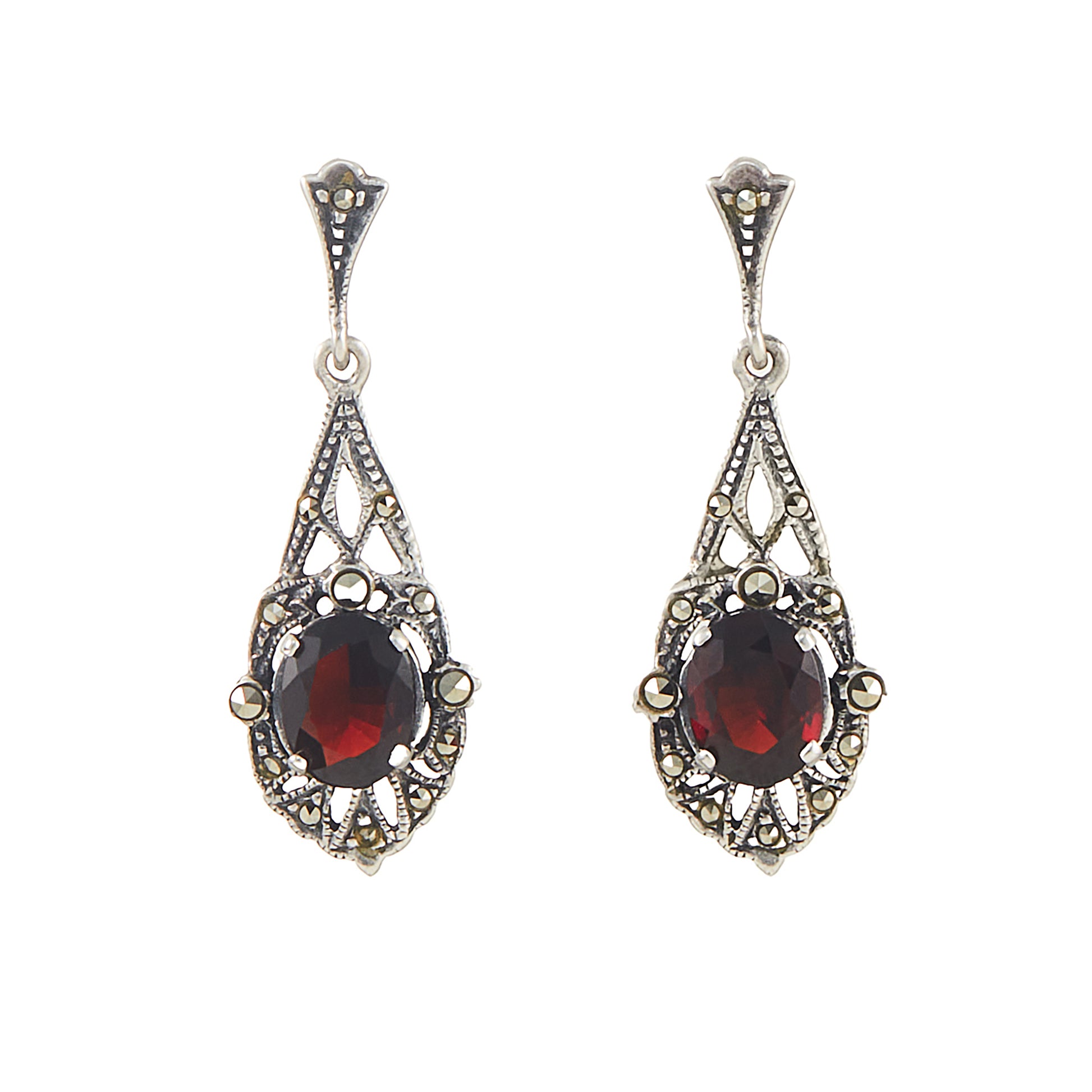 Stunning sterling silver drop earrings, each set with a beautifully faceted garnet and marcasite stones.