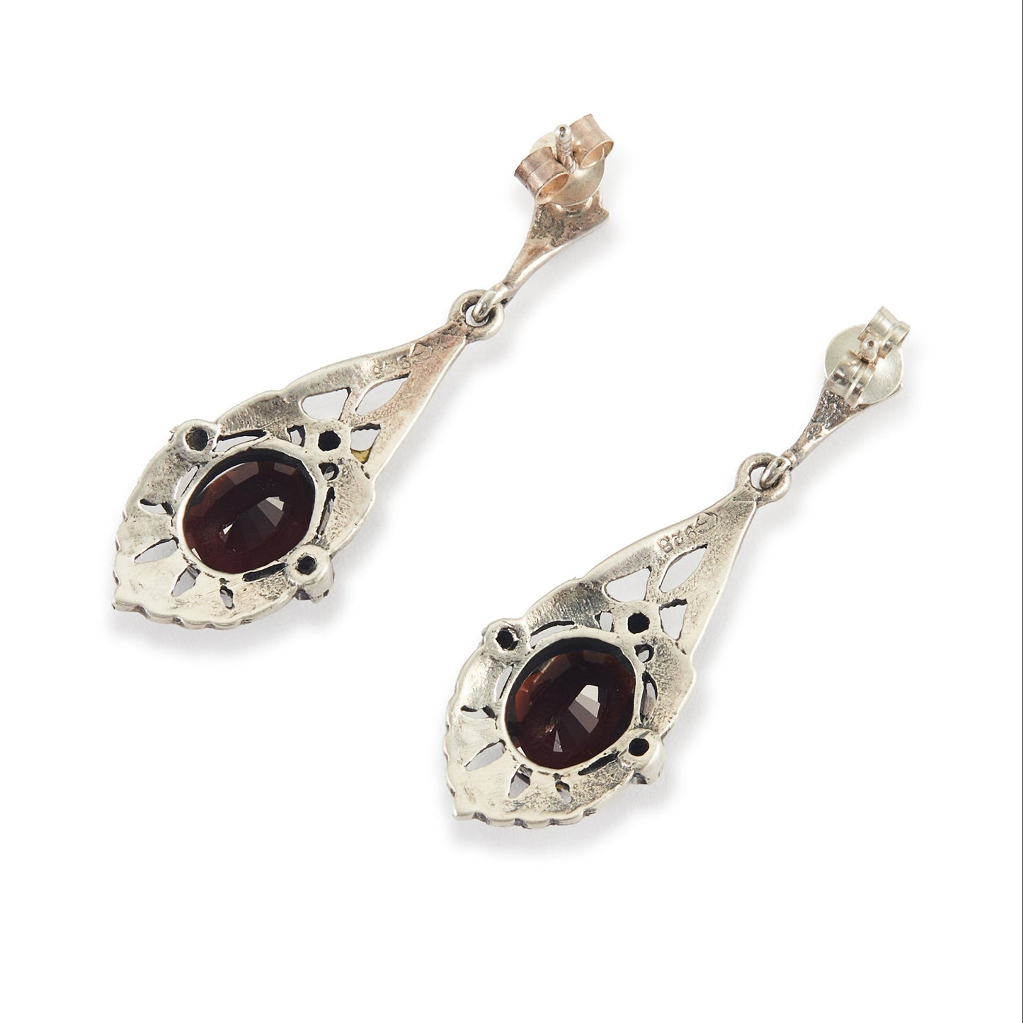 Stunning sterling silver drop earrings, each set with a beautifully faceted garnet and marcasite stones.