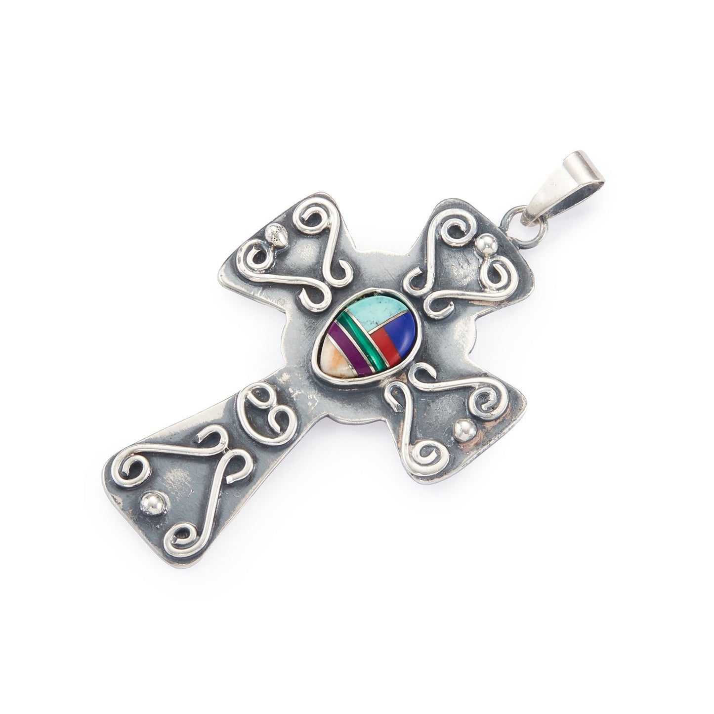 Bold oxidised sterling silver Mexican cross pendant with colourful multi-stone inlay.