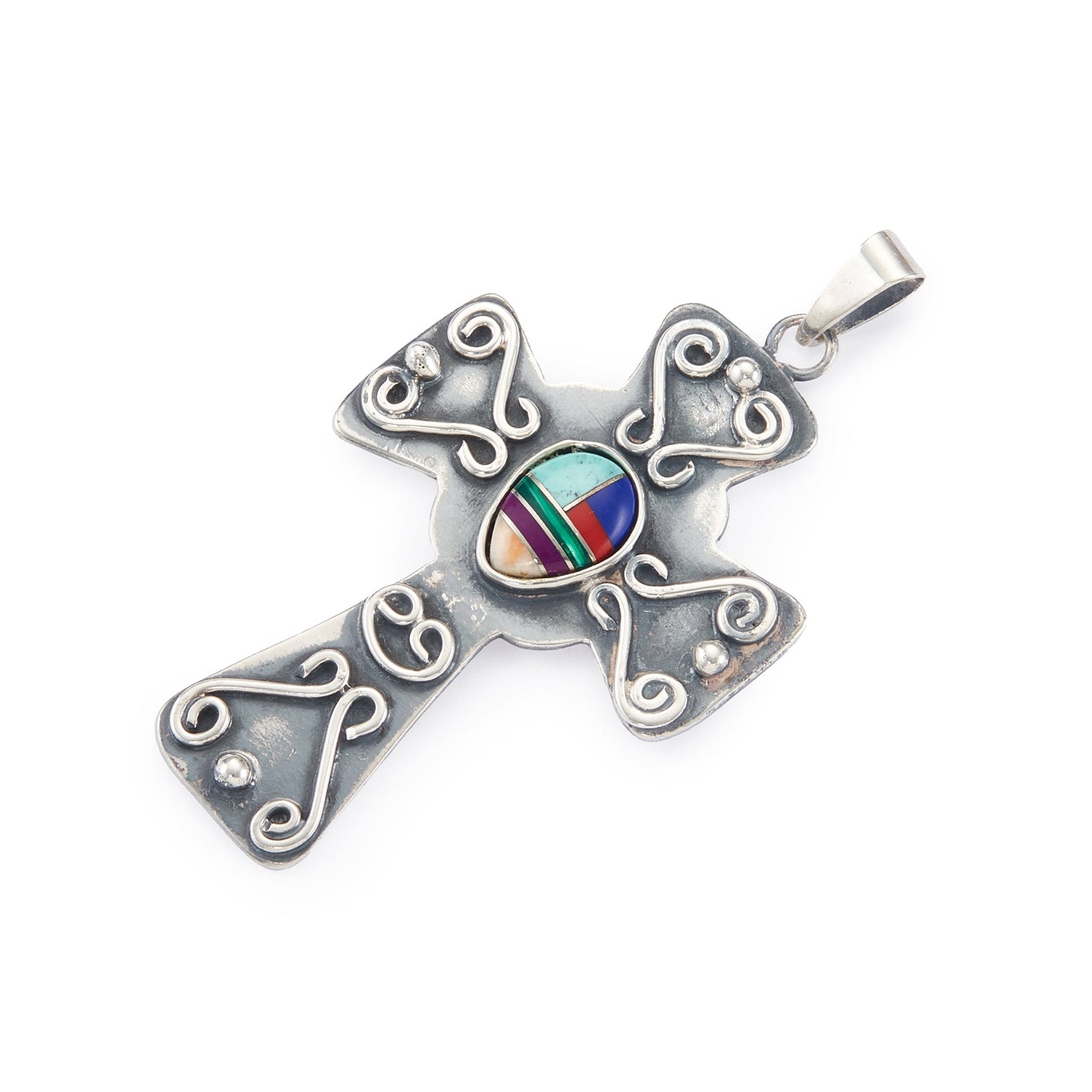 Bold oxidised sterling silver Mexican cross pendant with colourful multi-stone inlay.