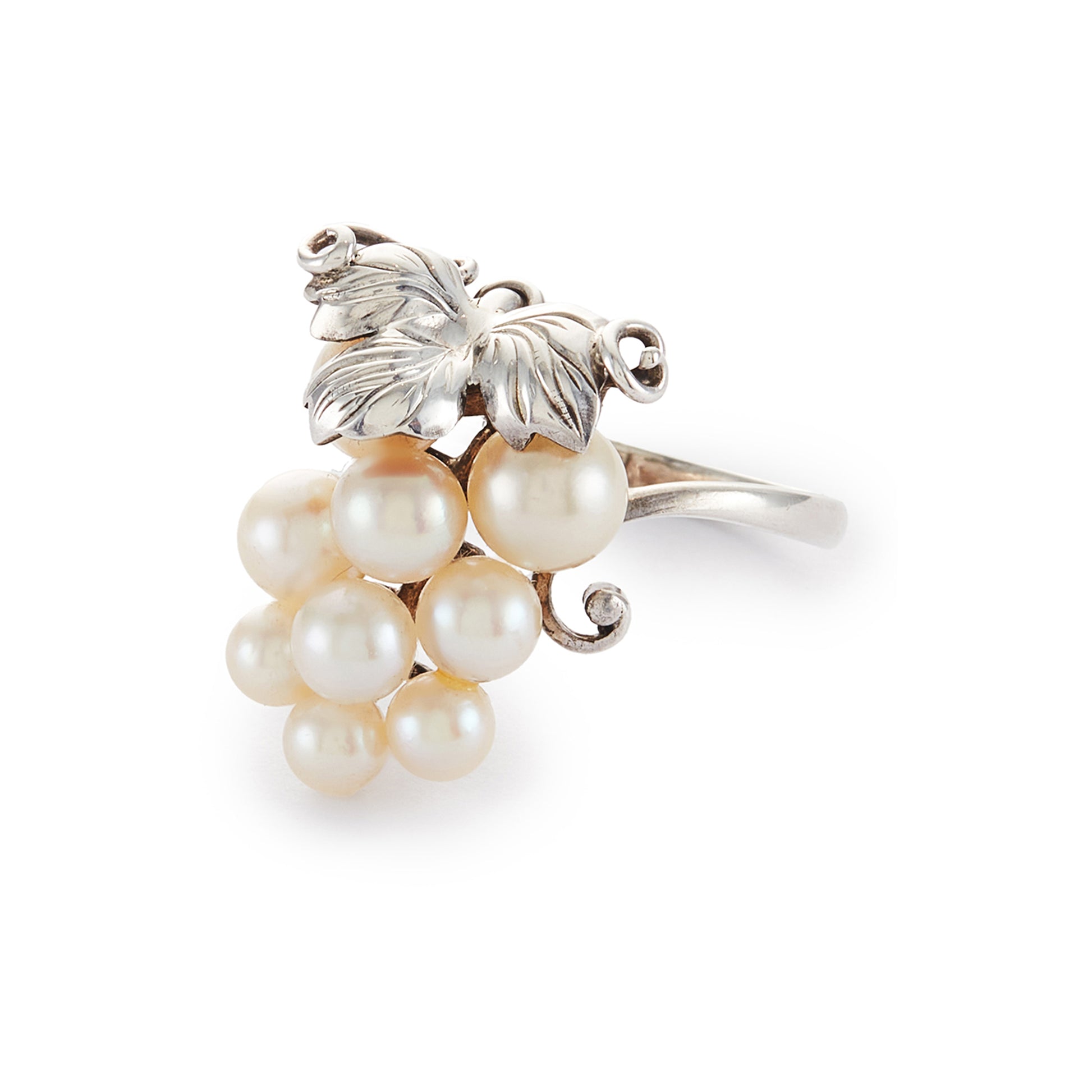 Exquisite handmade sterling silver vintage ring set with nine lustrous seawater pearls that forms a bunch of grapes. Stamped: Sterling 950