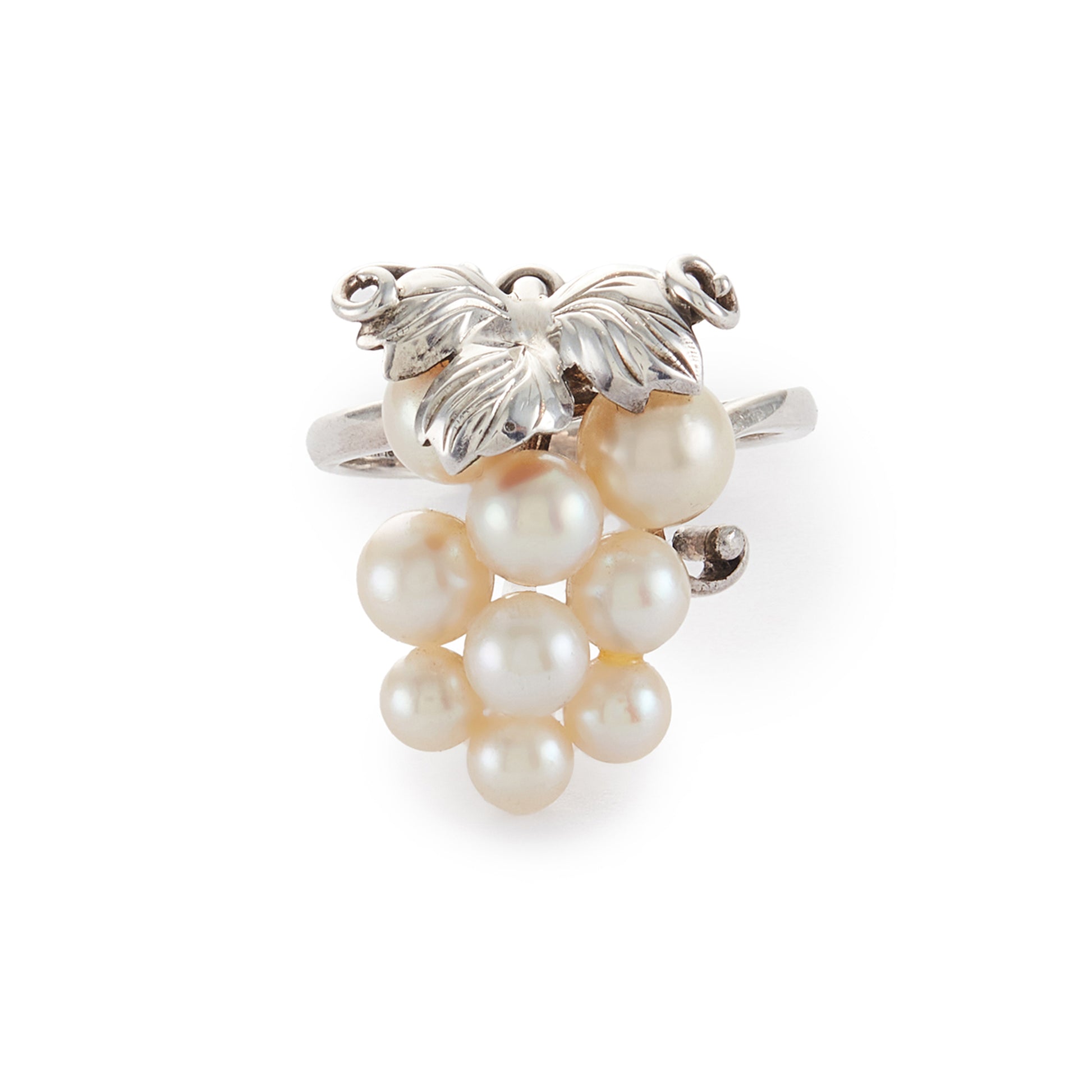 Exquisite handmade sterling silver vintage ring set with nine lustrous seawater pearls that forms a bunch of grapes. Stamped: Sterling 950