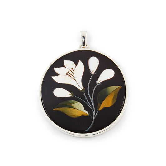 Magnificent antique Pietra Dura natural stone pendant depicting a white flower, three buds and two leaves. Set in sterling silver.