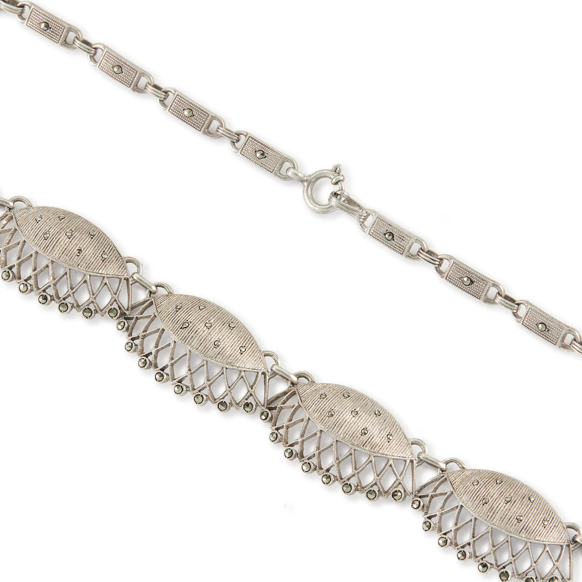 Classic sterling silver marcasite choker necklace with a scallop design. Made by Theodor Fahner.