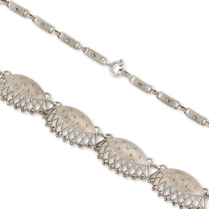 Classic sterling silver marcasite choker necklace with a scallop design. Made by Theodor Fahner.