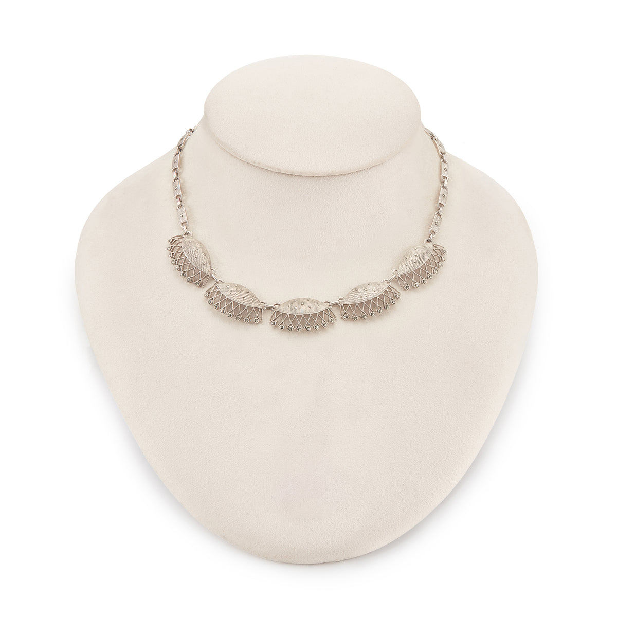 Classic sterling silver marcasite choker necklace with a scallop design. Made by Theodor Fahner.