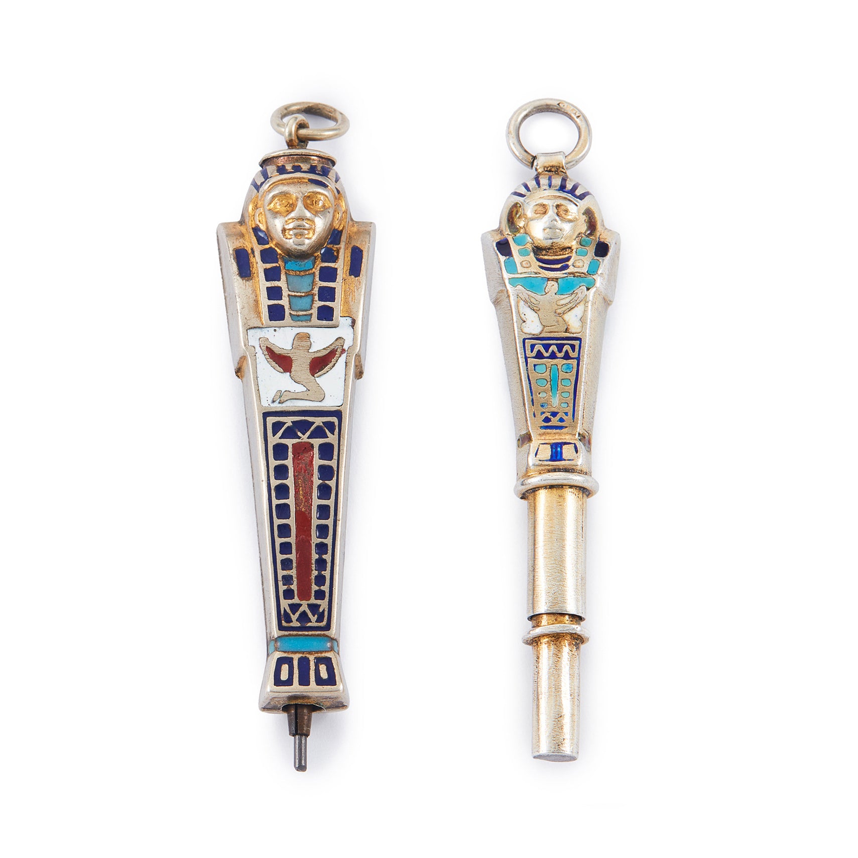 Set of two highly collectible, beautifully enamelled Egyptian Pharaoh pendants, one is a working pencil with the lead intact.