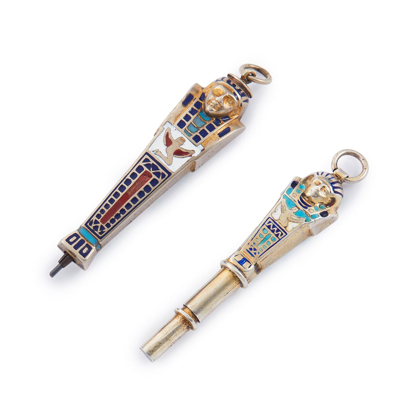 Set of two highly collectible, beautifully enamelled Egyptian Pharaoh pendants, one is a working pencil with the lead intact.