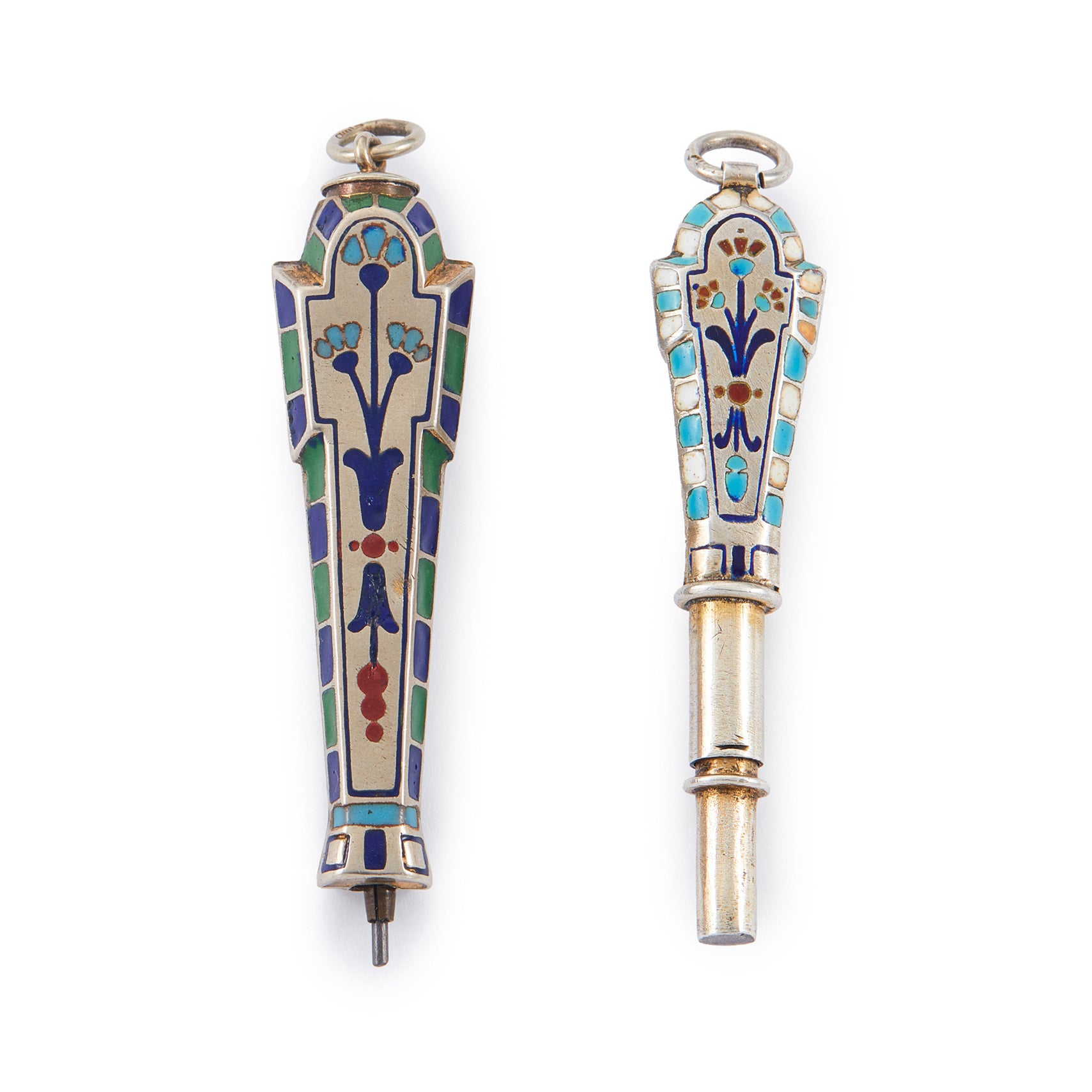 Set of two highly collectible, beautifully enamelled Egyptian Pharaoh pendants, one is a working pencil with the lead intact.