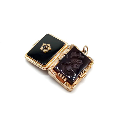 Victorian 12ct gold book locket set with a carnelian classic Roman soldier intaglio and onyx.