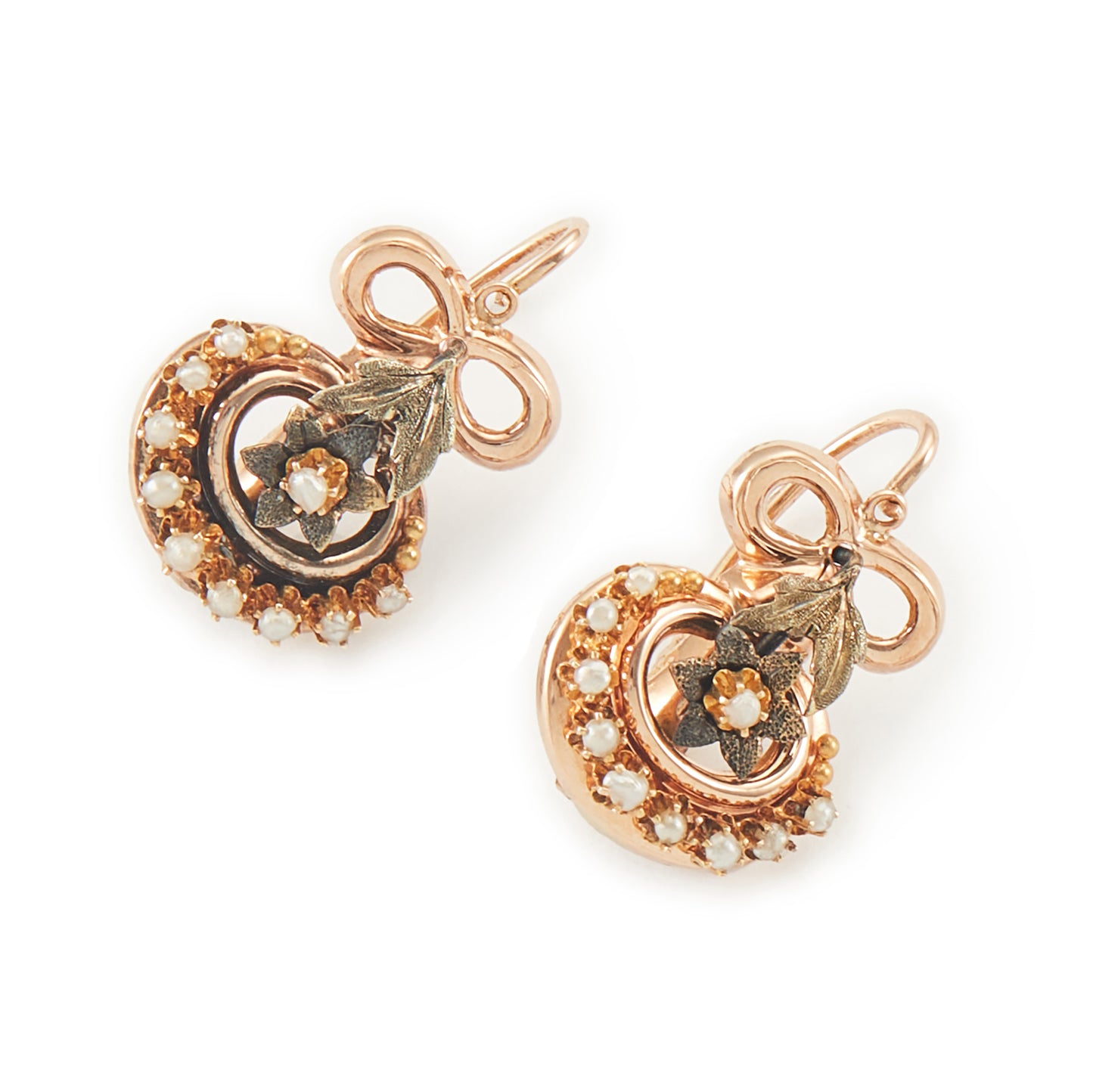 Exquisite Victorian rose and yellow gold earrings each set with ten tiny seed pearls. Front fastening shepherd hooks.