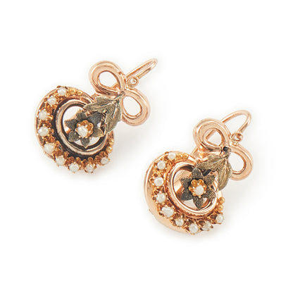 Exquisite Victorian rose and yellow gold earrings each set with ten tiny seed pearls. Front fastening shepherd hooks.