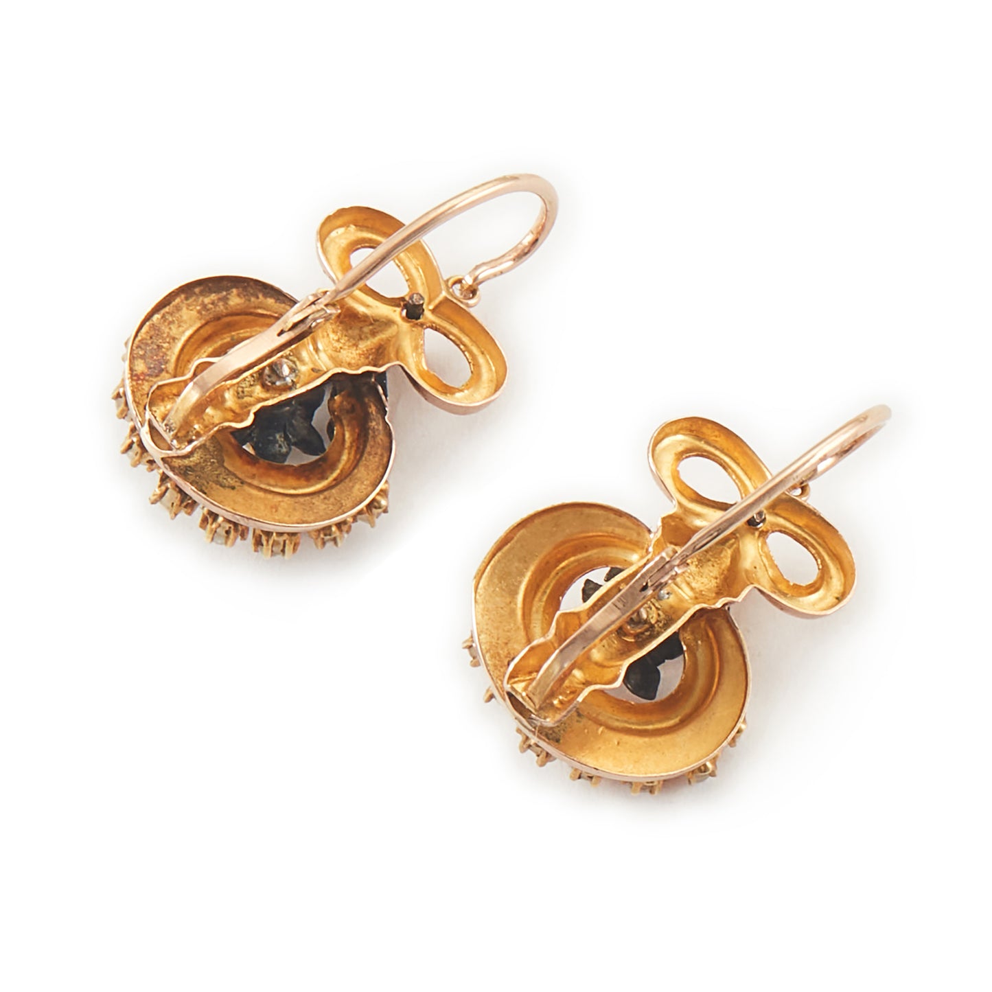 Exquisite Victorian rose and yellow gold earrings each set with ten tiny seed pearls. Front fastening shepherd hooks.