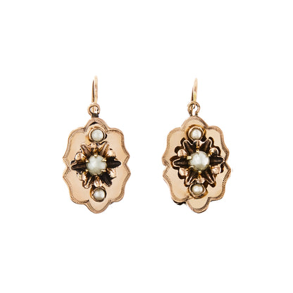 Dainty Victorian 9ct rose gold front fastening drop earrings, each set with three seed pearls.